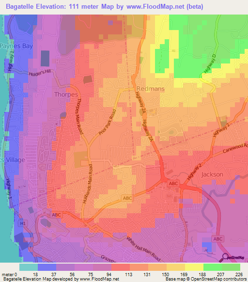 Bagatelle,Barbados Elevation Map