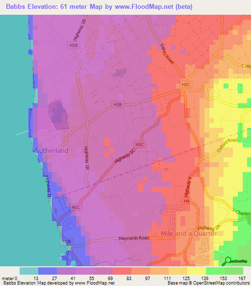 Babbs,Barbados Elevation Map
