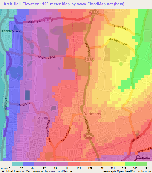 Arch Hall,Barbados Elevation Map