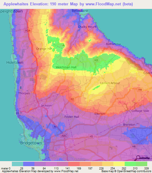 Applewhaites,Barbados Elevation Map