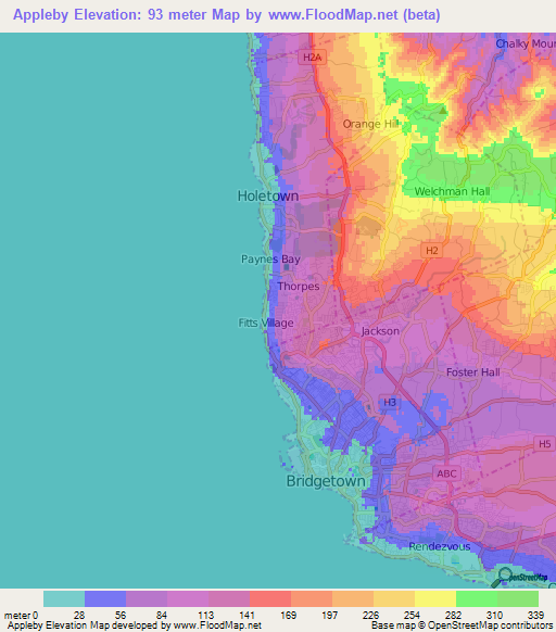 Appleby,Barbados Elevation Map