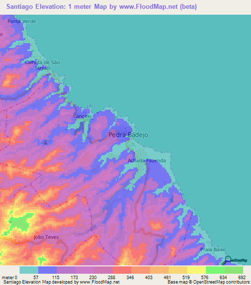 Santiago,Cape Verde Elevation Map