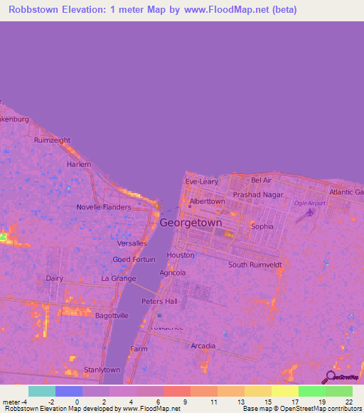 Robbstown,Guyana Elevation Map