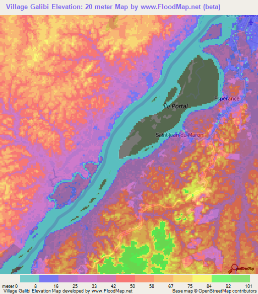 Village Galibi,French Guiana Elevation Map