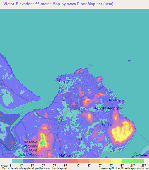 Victor,French Guiana Elevation Map