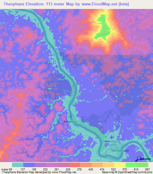 Theophane,French Guiana Elevation Map