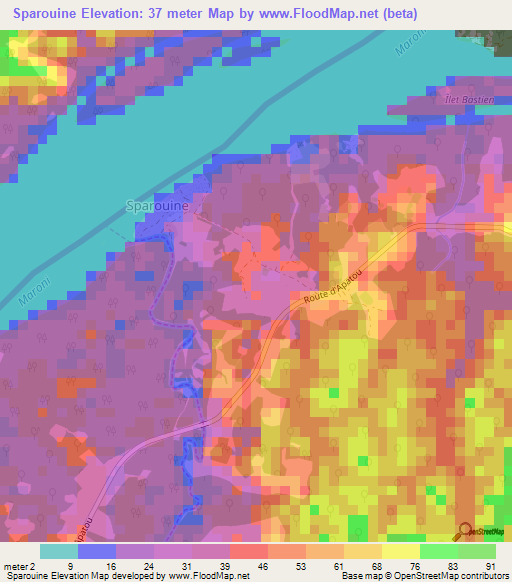 Sparouine,French Guiana Elevation Map