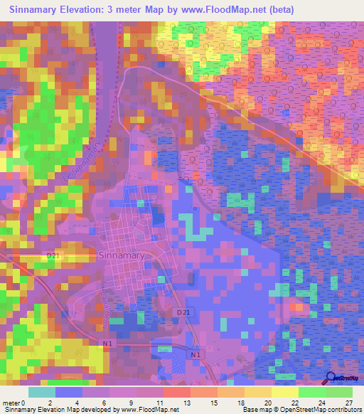 Sinnamary,French Guiana Elevation Map