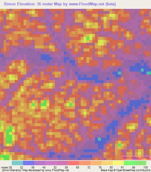 Simon,French Guiana Elevation Map