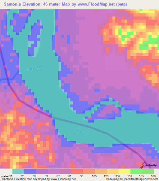 Santonia,French Guiana Elevation Map