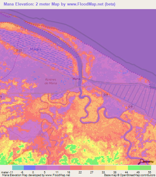 Mana,French Guiana Elevation Map