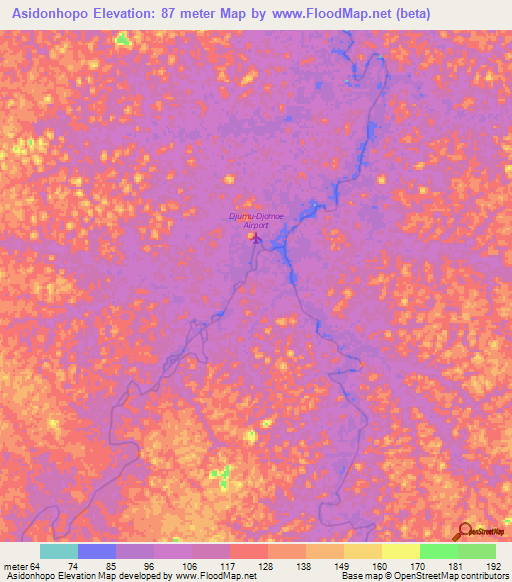 Asidonhopo,Suriname Elevation Map