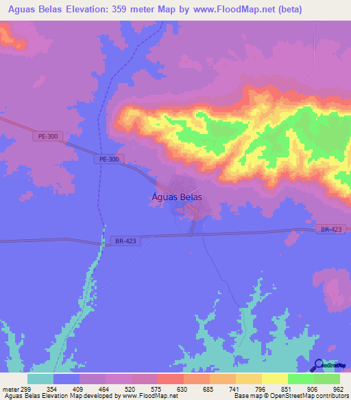 Aguas Belas,Brazil Elevation Map