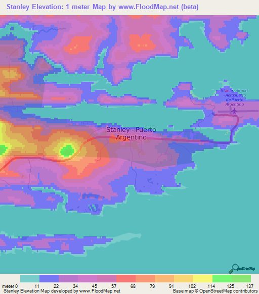 Stanley,Falkland Islands Elevation Map