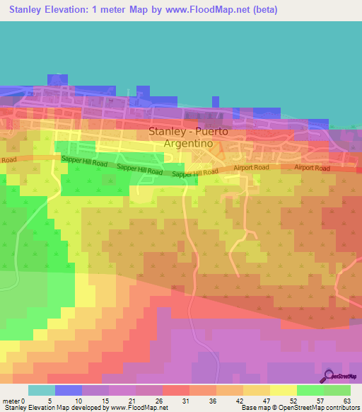 Stanley,Falkland Islands Elevation Map