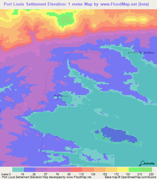 Port Louis Settlement,Falkland Islands Elevation Map