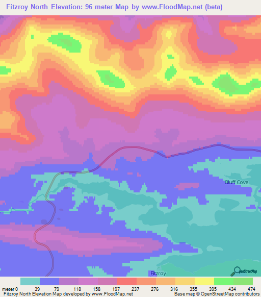 Fitzroy North,Falkland Islands Elevation Map