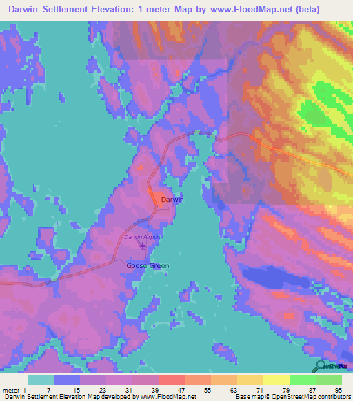 Darwin Settlement,Falkland Islands Elevation Map