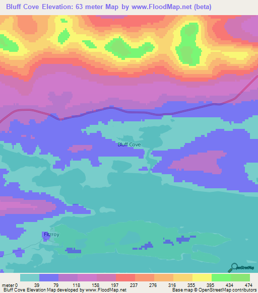 Bluff Cove,Falkland Islands Elevation Map