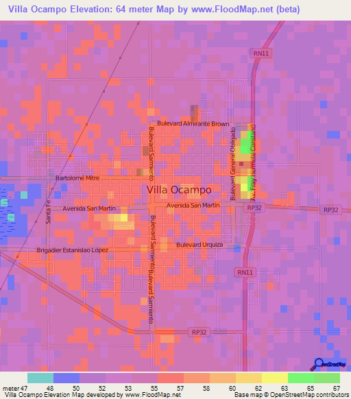 Villa Ocampo,Argentina Elevation Map