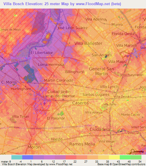Villa Bosch,Argentina Elevation Map