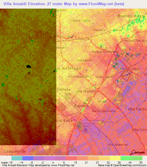 Villa Ansaldi,Argentina Elevation Map