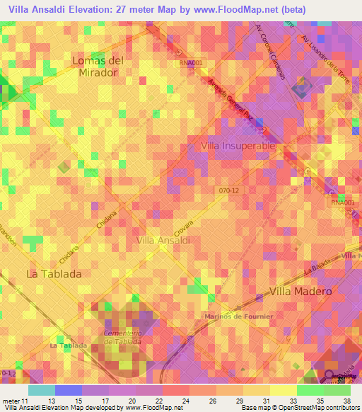 Villa Ansaldi,Argentina Elevation Map