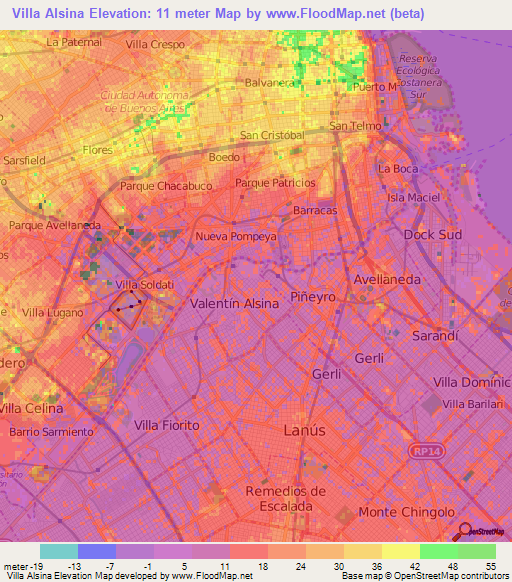 Villa Alsina,Argentina Elevation Map