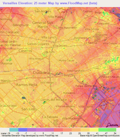 Versailles,Argentina Elevation Map