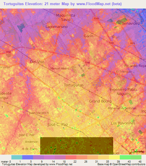 Tortuguitas,Argentina Elevation Map