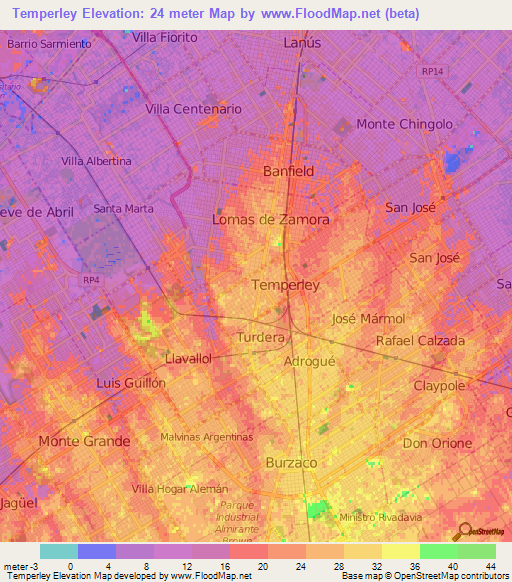 Temperley,Argentina Elevation Map