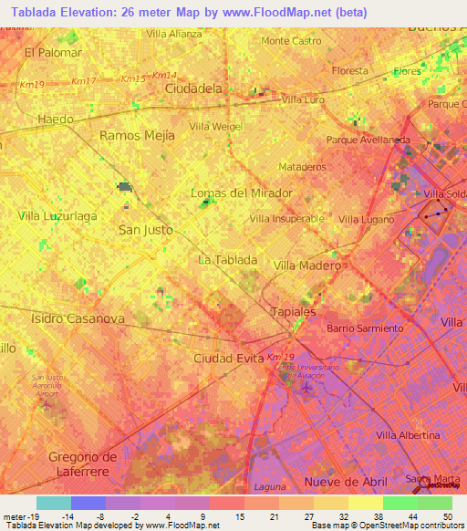 Tablada,Argentina Elevation Map
