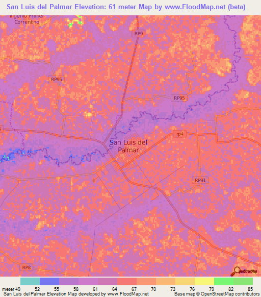 San Luis del Palmar,Argentina Elevation Map