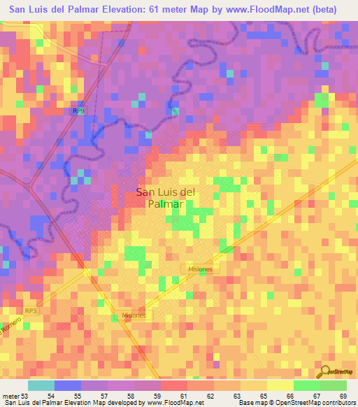 San Luis del Palmar,Argentina Elevation Map