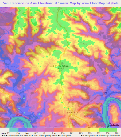 San Francisco de Asis,Argentina Elevation Map