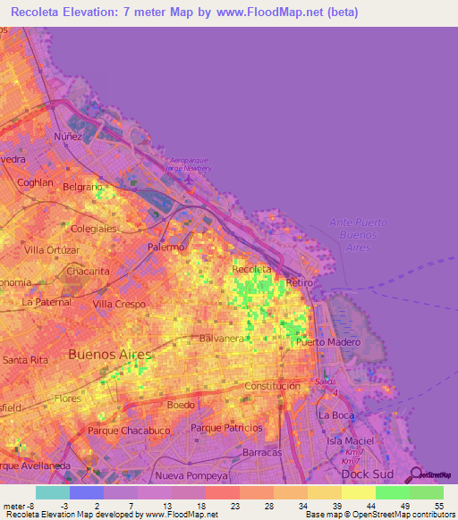 Recoleta,Argentina Elevation Map