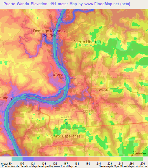 Puerto Wanda,Argentina Elevation Map