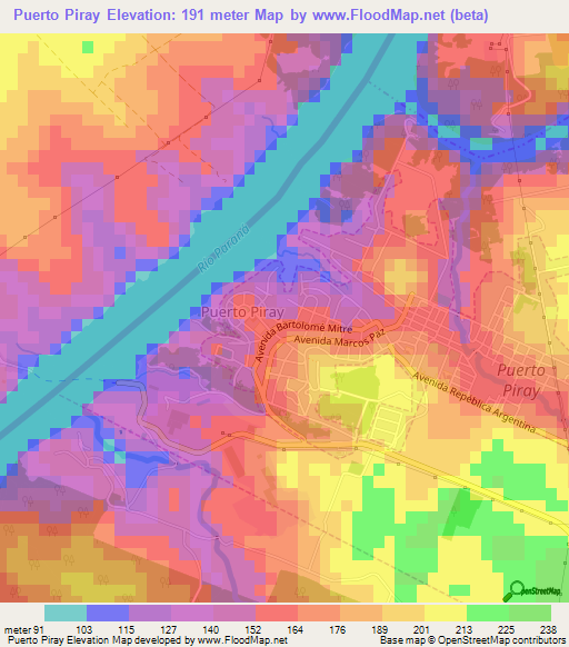 Puerto Piray,Argentina Elevation Map