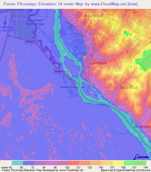 Puerto Pilcomayo,Argentina Elevation Map