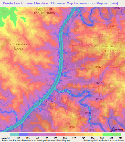 Puerto Los Pinares,Argentina Elevation Map
