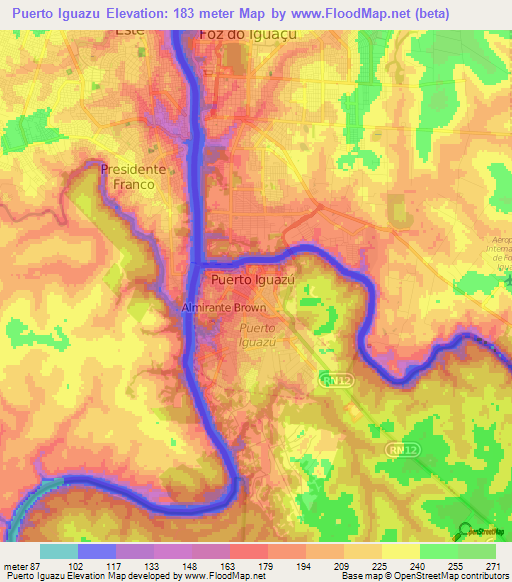 Puerto Iguazu,Argentina Elevation Map