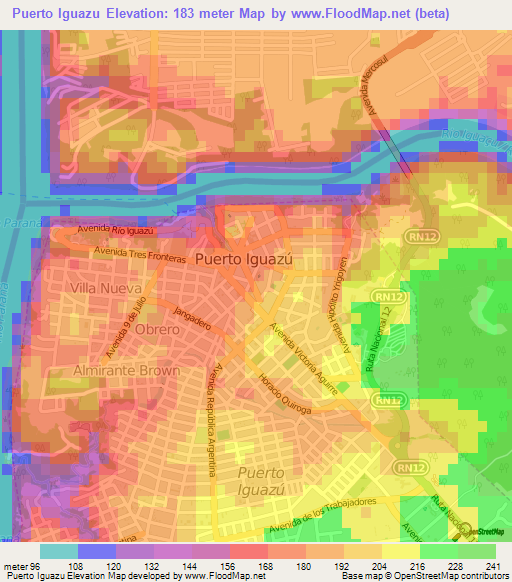 Puerto Iguazu,Argentina Elevation Map
