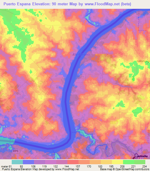 Puerto Espana,Argentina Elevation Map