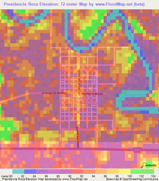 Presidencia Roca,Argentina Elevation Map