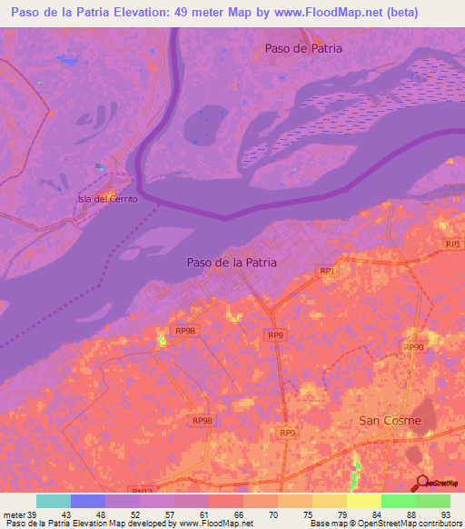 Paso de la Patria,Argentina Elevation Map