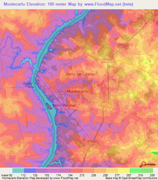 Montecarlo,Argentina Elevation Map
