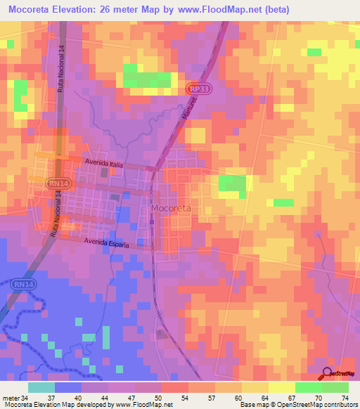 Mocoreta,Argentina Elevation Map