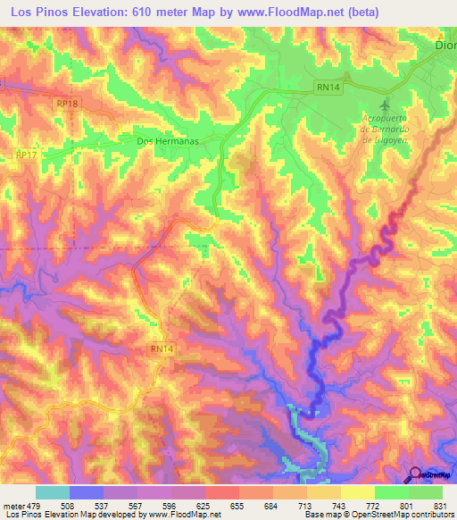 Los Pinos,Argentina Elevation Map