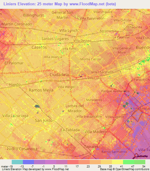 Liniers,Argentina Elevation Map