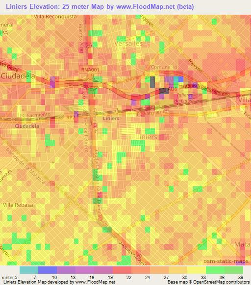 Liniers,Argentina Elevation Map